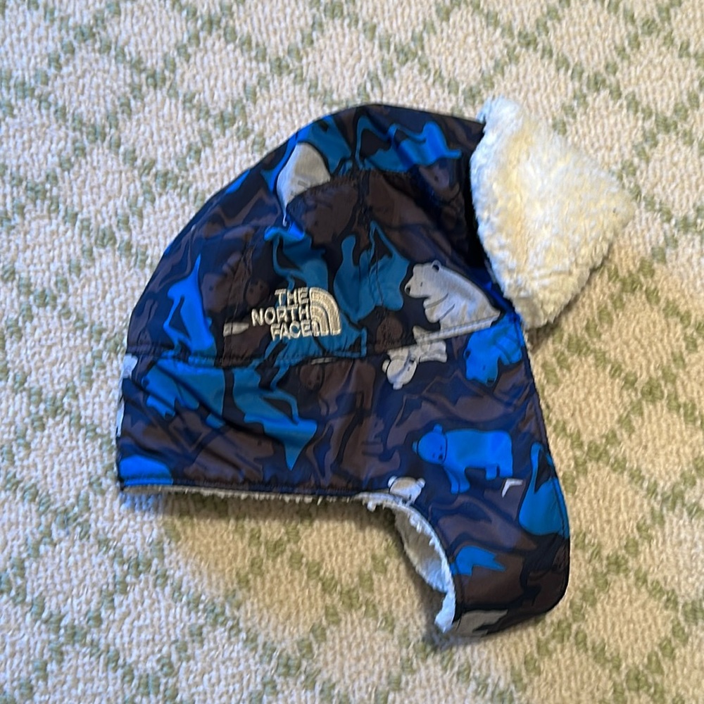 The North Face Baby Beanie, blue/bear print, fleece lined, Infant-One Size